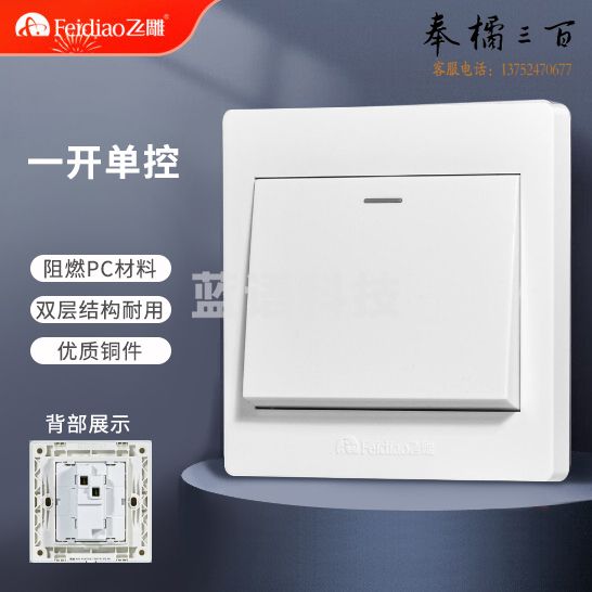 飞雕 面板开关 一开单控 一位开关墙壁开关86面板E5
