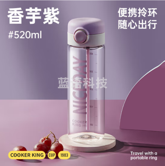 炊大皇（COOKER KING）TT52A4塑料杯冷热水高颜值学生办公吸管弹盖刻度水杯 香芋紫520ml