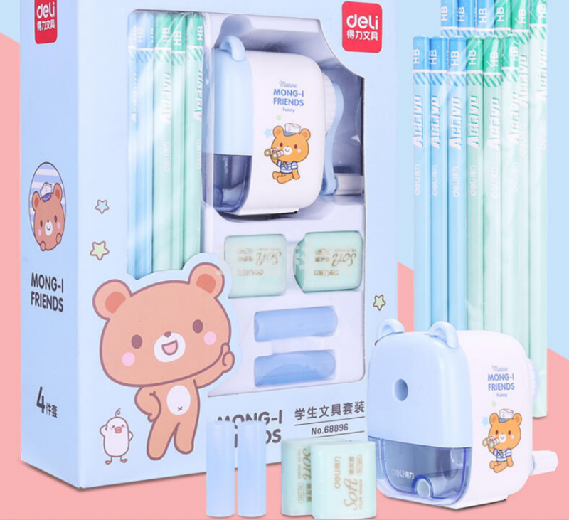 得力68896学生文具套装 握笔器铅笔橡皮擦削笔机套装 蓝色（套）