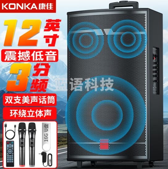 康佳（KONKA）广场舞音响拉杆蓝牙音箱大功率大音量重低音木质箱体K歌唱歌移动家用户外地摊便携三喇叭12吋双咪 D160