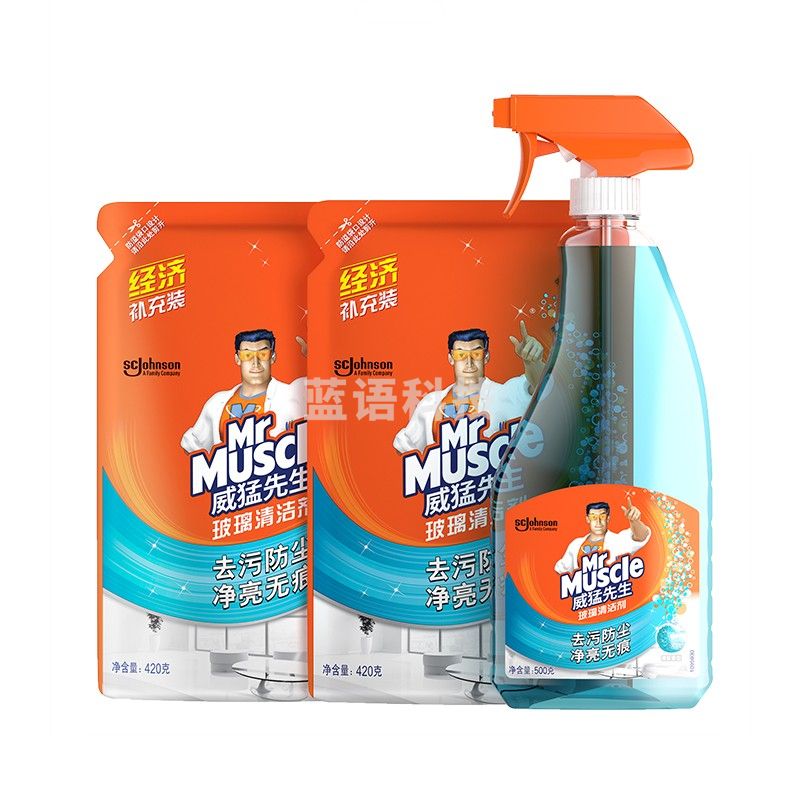 威猛先生（Mr Muscle）玻璃清洁剂500g+420g*2袋  浴室车窗清洁剂 去污防尘持久洁净
