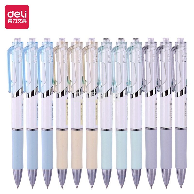 得力(deli)0.5mm按动中性笔水笔签字笔 4色时尚笔身软胶握手 黑色12支/盒