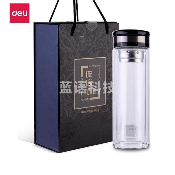 得力(deli) 6100 400ml双层隔热玻璃杯带茶隔茶杯