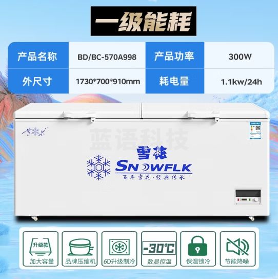 雪花【现货速发】冰柜商用家用大容量卧式冰柜冷柜冷藏冷冻转换柜速冻冷冻展示柜 998单温智能款【铜管一级能效】