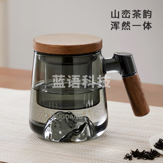 富光WFB1147-500泡茶杯茶水分离高硼硅玻璃杯 T把手观山款 500ml 透黑
