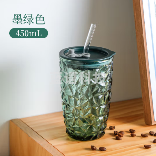 富光WFB5081-450玻璃杯 带吸管加厚水杯 450ml 墨绿色