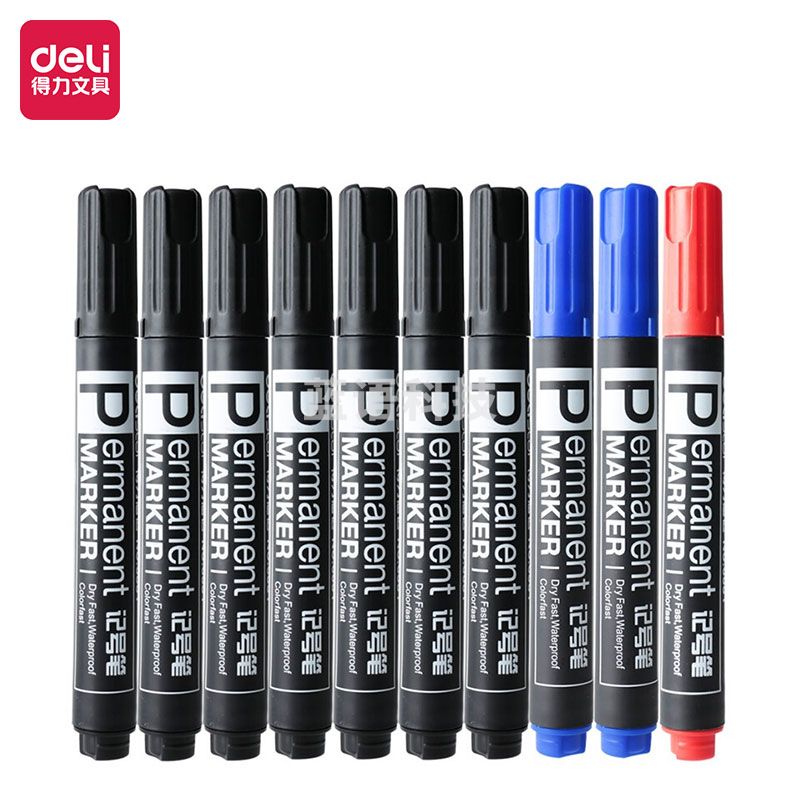 得力(deli)33187 快干油性记号笔 大头笔 混色10支/盒装(7黑2蓝1红)
