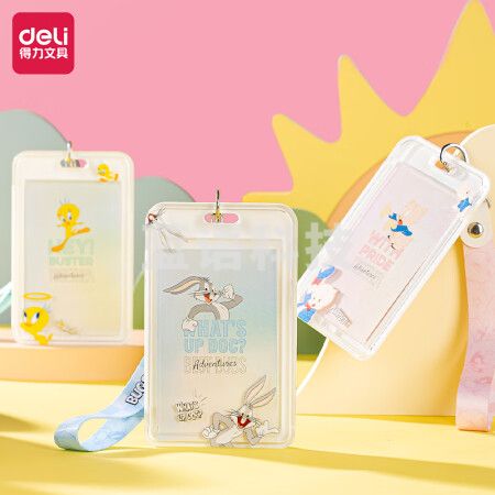 得力(deli)PZ102 竖式证件卡套 兔八哥系列 棉挂绳短绳款 混色单只装