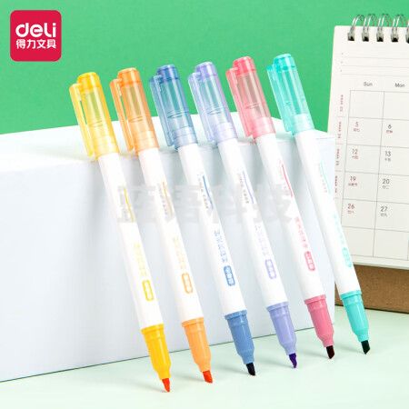 得力(deli)SK136软头柔彩荧光笔彩色醒目标记笔 蜜糖色系6支/袋装