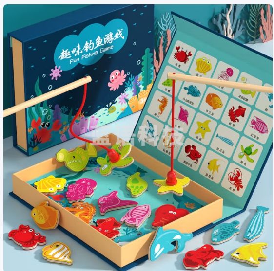 福孩儿木质钓鱼玩具男女孩磁性两竿1婴幼儿积木3岁半宝宝