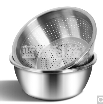 炊大皇 304不锈钢盆筛两件套28cm 双层汤盆沥水篮 漏筛
