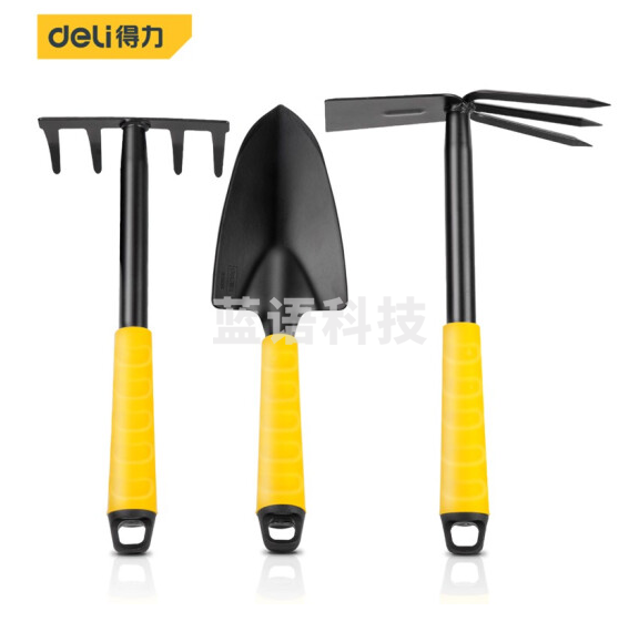得力DL580803 园艺工具三件套 盆栽种植松土除草园艺工具套装 宽铲子五齿耙两用锄头