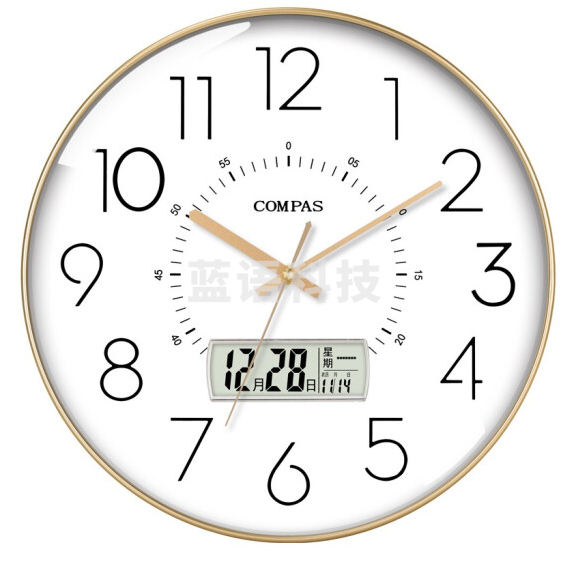 康巴丝 D6219AY金色 35cm挂钟 电波钟 万年历 日历温度显示智能自动对时电波钟
