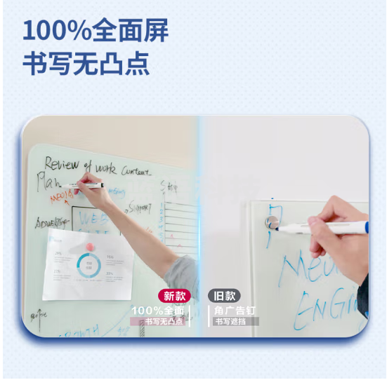 得力挂式白板200*100cm全面屏磁性钢化悬挂式玻璃白板办公会议写字板黑板(含白板擦 白板笔 磁钉)MZ104