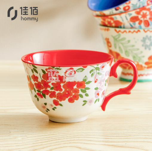 佳佰420ml陶瓷水杯 咖啡杯牛奶杯 手绘红色马克杯