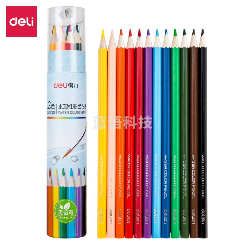 得力68129_12色六角杆水溶性彩铅(混)(12色/筒)