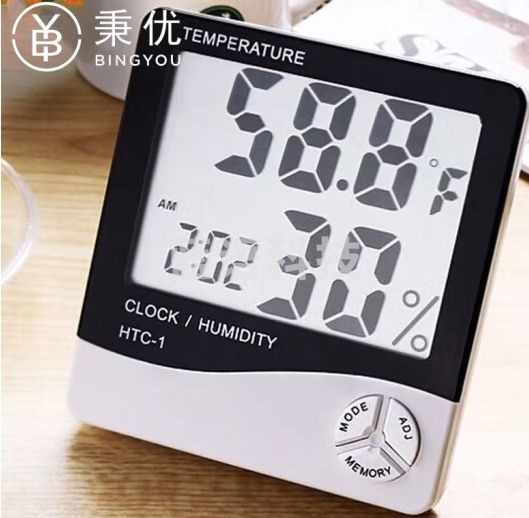 秉优 温度计 湿度计 时钟 闹钟 大屏幕电子温湿度计 数字数显温度表办公家用室内外测温计
