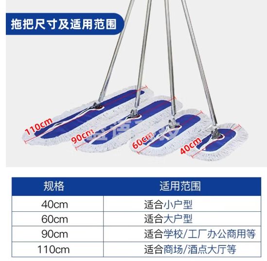 采易乐 不锈钢平板尘推 商用吸水拖把酒店大堂工厂宽排拖加大加厚棉线地拖 60cm整套03268