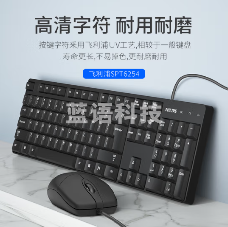 飞利浦（PHILIPS）SPT6254 键鼠套装 有线办公键盘鼠标 防泼溅 USB笔记本台式机通用 商务家用 黑色