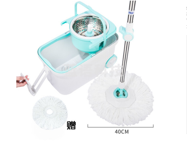 妙洁畅悠免手洗旋转拖把 家用干湿两用吸水甩干懒人带桶 共2个拖布