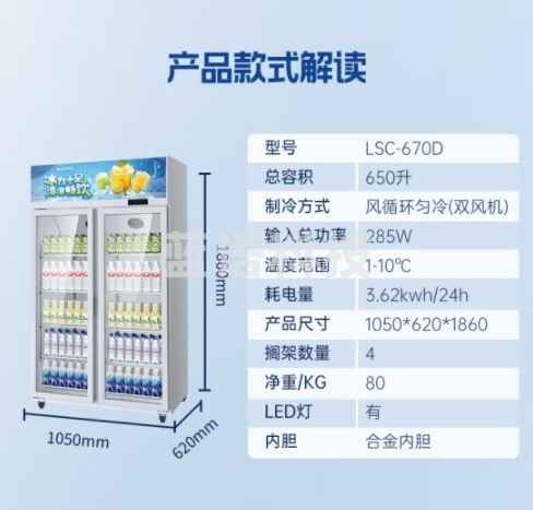 澳柯玛（AUCMA）展示柜冷藏商用冰柜鲜花保鲜柜立式冷藏柜冷藏展示柜饮料柜冷柜 双门风循环升级款 LSC-670D