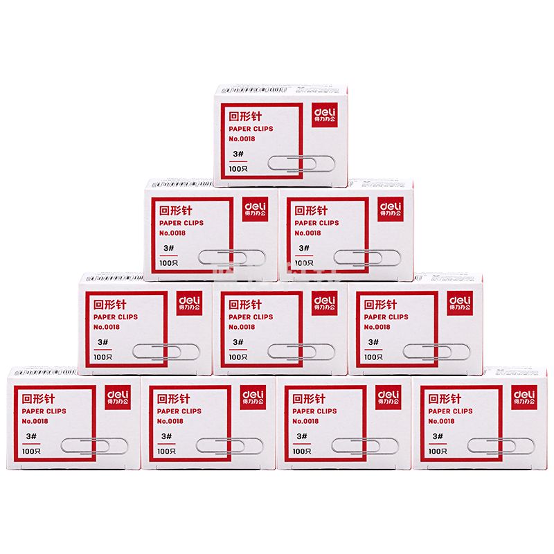 得力(deli)3#金属回形针01 镀镍防锈曲别针 100枚/盒 10盒装 办公用品 0018