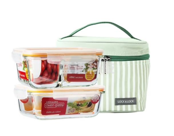 乐扣乐扣（LOCK&LOCK） 玻璃保鲜盒套装 微波炉分隔两件配便当包(630ml*2)LLG429CS603