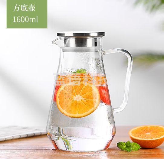 heisou 大容量冷水壶透明玻璃不锈钢盖茶壶耐热办公果汁1600ml