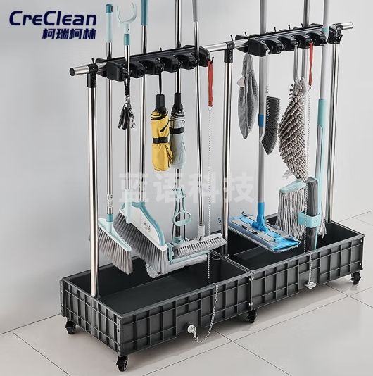 柯瑞柯林CreClean 移动拖把架 不锈钢商用墩布扫把架清洁工具收纳架子 20拖24钩+移动款灰盆 1套装
