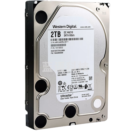 西部数据 企业级硬盘 Ultrastar DC HA210 SATA 2TB 7200转 128MB CMR (HUS722T2TALA604)
