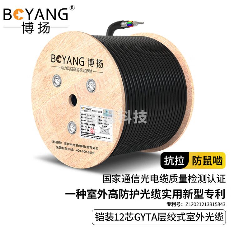 博扬（BOYANG) BY-GYTA-12B1.3-3KM 铠装12芯单模室外光缆 GYTA层绞式室外架空/管道光纤线 3000米/轴