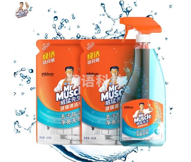 威猛先生（Mr Muscle）玻璃清洁剂500g+420g*2袋 浴室车窗清洁剂 去污防尘持久洁净