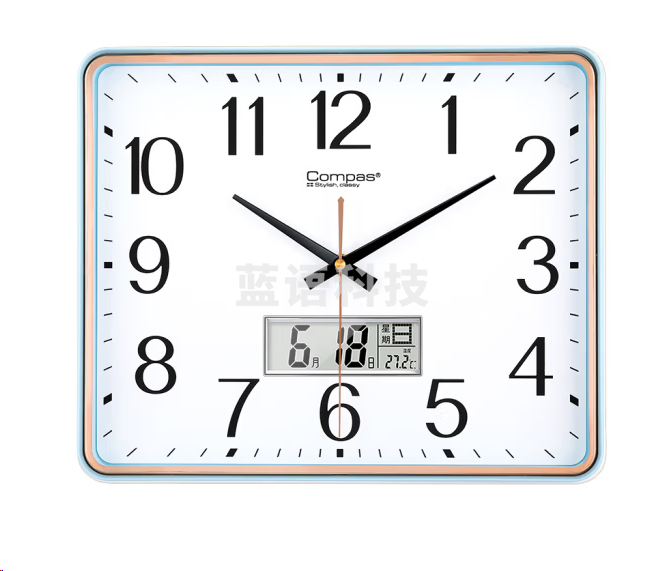 康巴丝7005挂钟 方形简约石英钟表 挂墙时钟 日历款蓝金色35*29cm