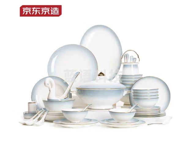 京东京造高档骨瓷碗碟套装景德镇新中式餐具碗盘筷送礼62头似水流年 JZ-cg046