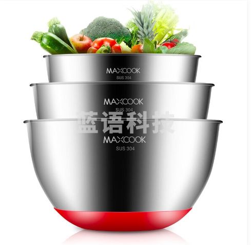 美厨（maxcook）304不锈钢盆沙拉盆 加大加厚调料盆洗菜盆和面盆味斗三件套 压嘴硅胶底带刻度 MCWA676