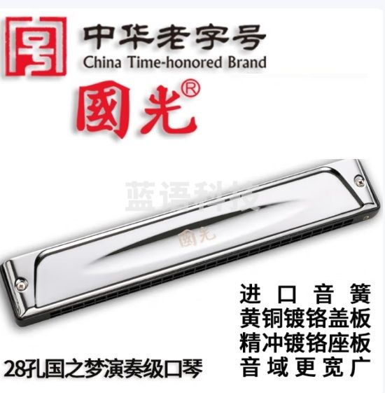 国光28孔国之梦演奏级复音C调口琴（银色、嵌入式、眼镜盒）