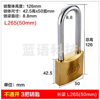 三环 长梁黄铜挂锁纯铜锁头 L265铜长梁50mm-不通开