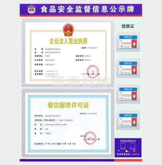 金隆兴餐饮食品安全信息公示栏三合一框营业执照卫生许可证公示牌框架