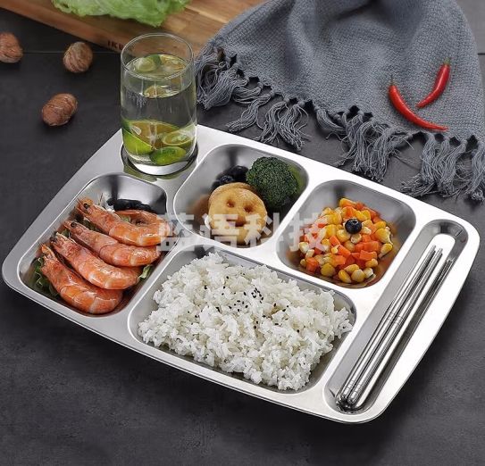 屋田304不锈钢餐盘六格加厚加深订制刻字食堂分格餐盘碗勺筷套装成人