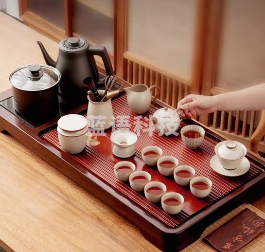 京东京造汝窑功夫茶具套装家用整套一体自动上水烧水壶高端花梨木茶盘茶台