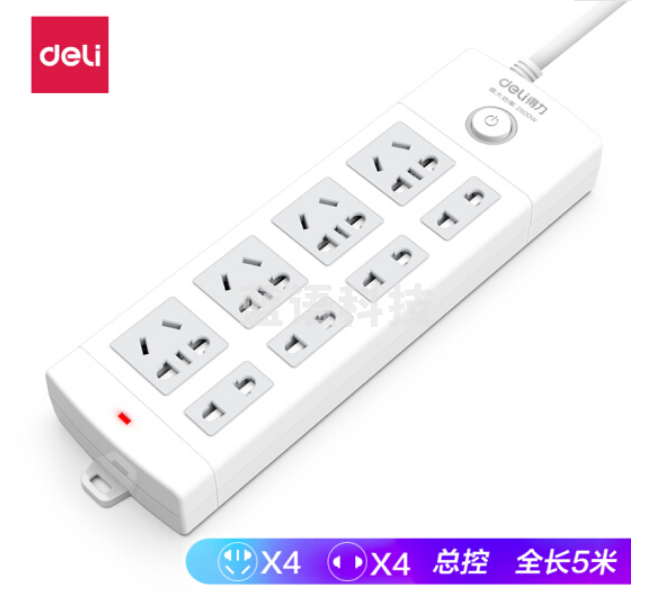 得力18214插座_4+4_5米_PVC袋装(白)(只)