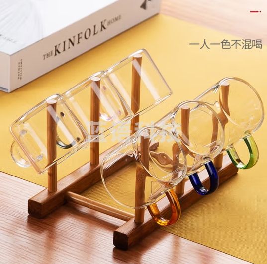 heisou加厚耐热玻璃茶杯品茗杯带把家用透明小杯子套装（带木架）6只装