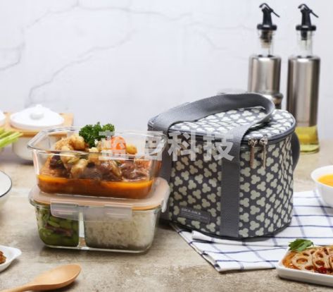 乐扣乐扣（LOCK&LOCK）保鲜盒玻璃分格饭盒耐热便当盒配三叶草便当包(740ml+630ml分格) LLG429S910