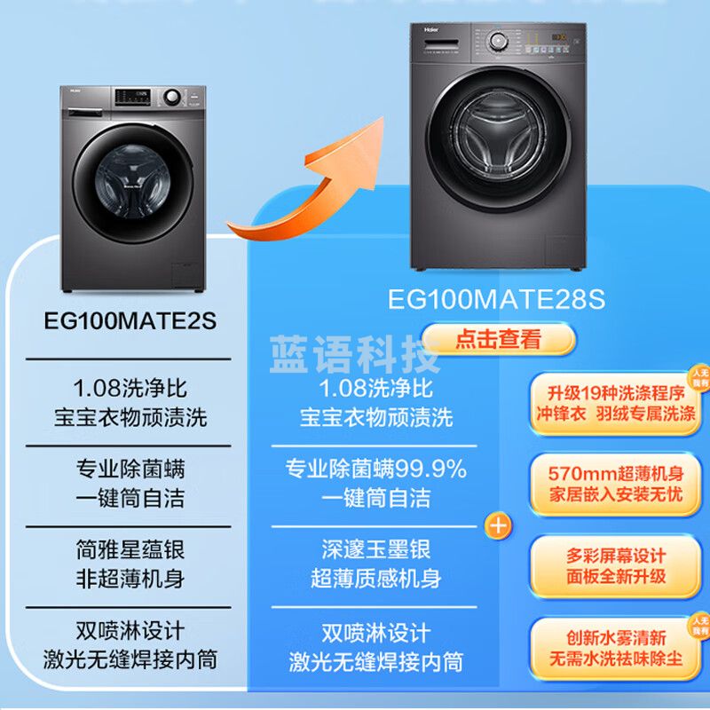 海尔（Haier）海尔滚筒洗衣机全自动 超薄 10公斤大容量 水雾清新 双喷淋防残留EG100MATE28S【MATE2S升级款】