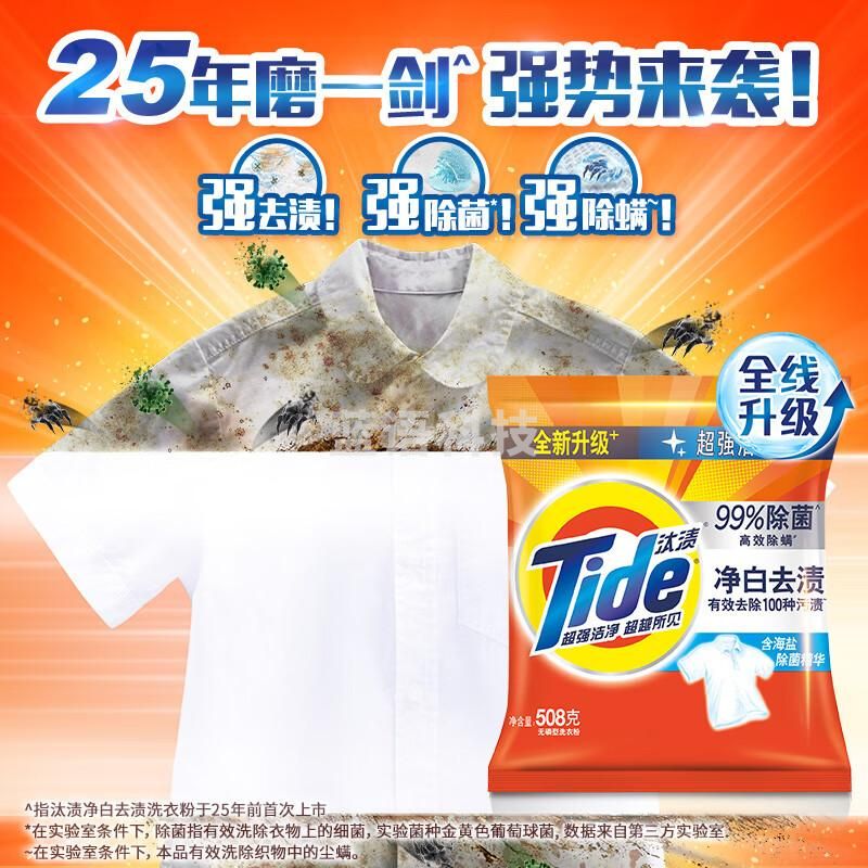 汰渍洗衣粉508g净白去渍大袋批发非皂粉持久留香深层去污家庭装补充装净白去渍508g