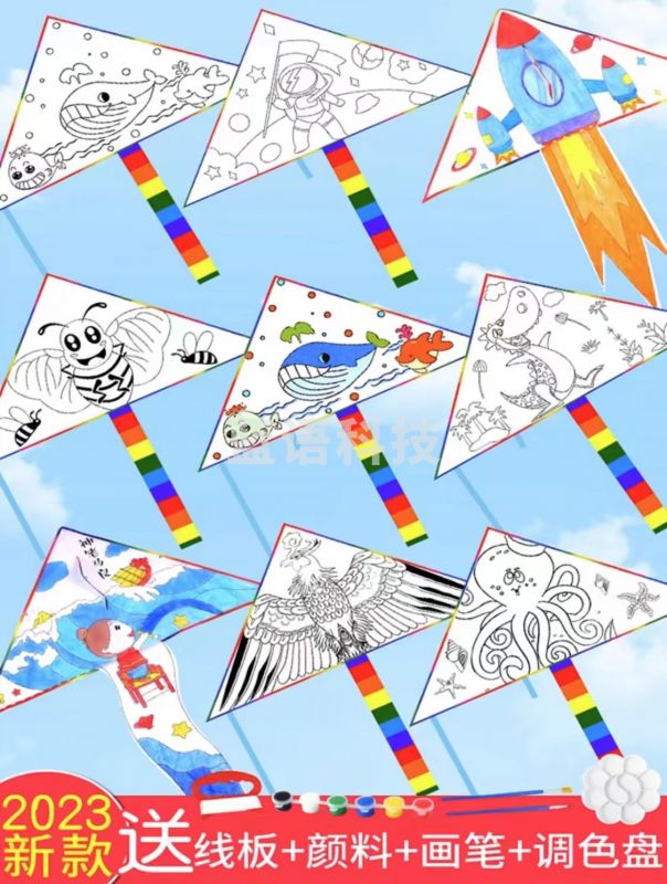 套装 中号(1.2--1.4m)手工风筝儿童空白风筝涂鸦手绘画风筝 教学diy白色风筝自制材料包 风筝线、画笔、颜料板