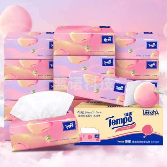 得宝（TEMPO）抽纸 甜心桃味4层加厚90抽*16包湿水柔韧 纸巾 餐巾纸（箱）