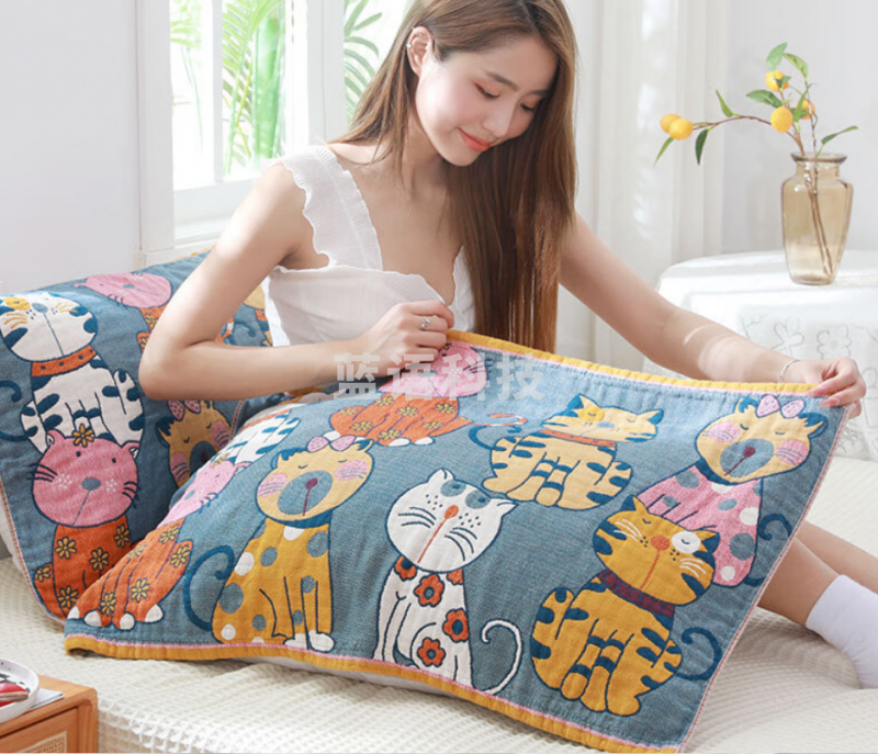 沐凡 全棉枕巾 纯棉四层纱布枕头巾 一个装动物52*78cm