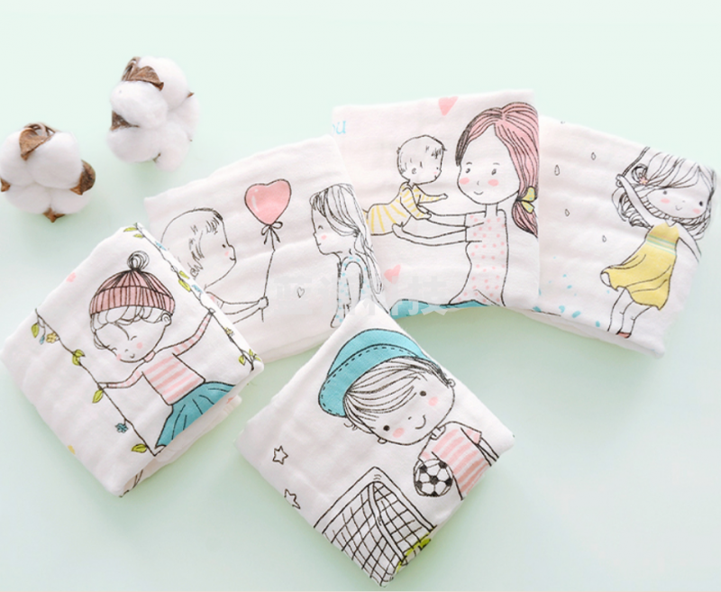 沐凡 婴儿口水巾 纯棉8层吸水宝宝纱布方巾 全棉可挂式 卡通人物5条装30*30cm