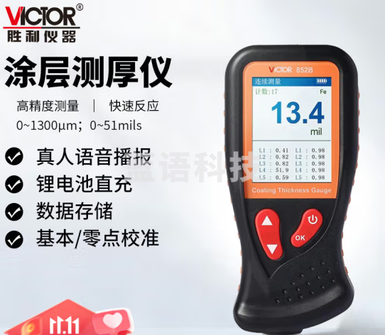 胜利仪器（VICTOR）数显复合型 涂层测厚仪 油漆 铁基 铝基两用 漆膜 电镀层 镀锌氧化膜 厚度测量仪 VC852B